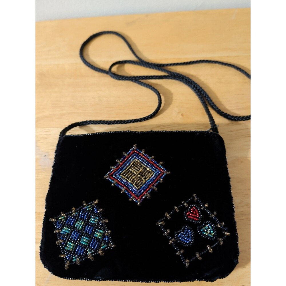 Vtg 1990s Black Velvet Micro Beaded Shoulder Bag Whimsygoth Cocktail Purse